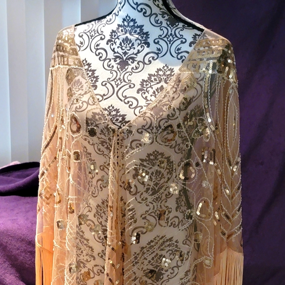 🌹 BABEYOND Beaded Fringed Shawl Sequined Brand New 1920's Replica Glam Wear